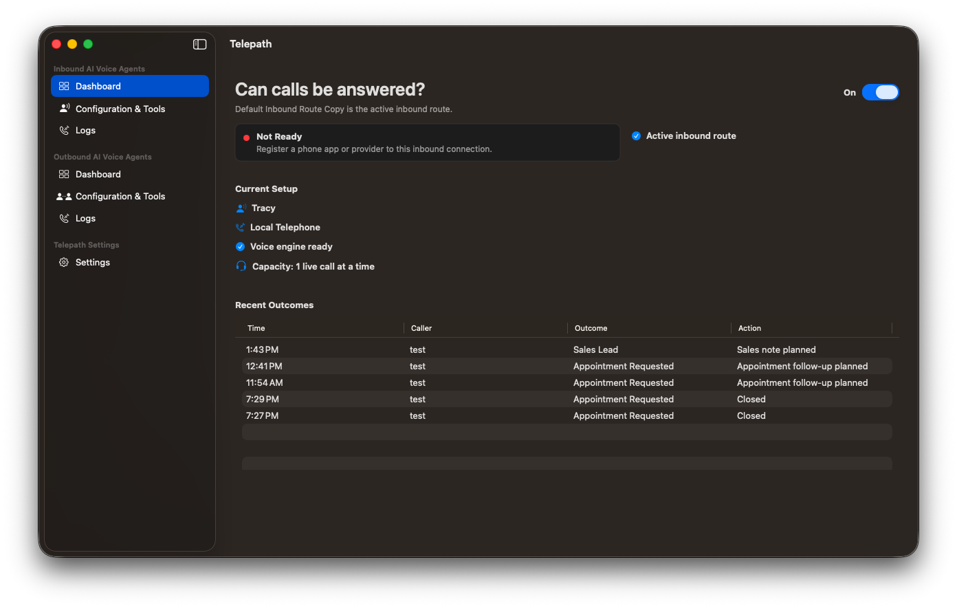 Telepath macOS app showing inbound agent configuration